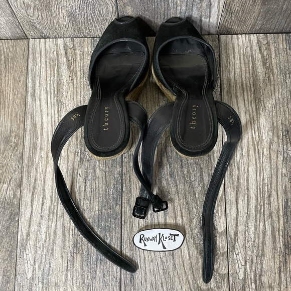 THEORY Espradille Wedge Platform Sandals Ankle Strap Black Suede EU 38.5 /US 8.5 - Picture 9 of 11